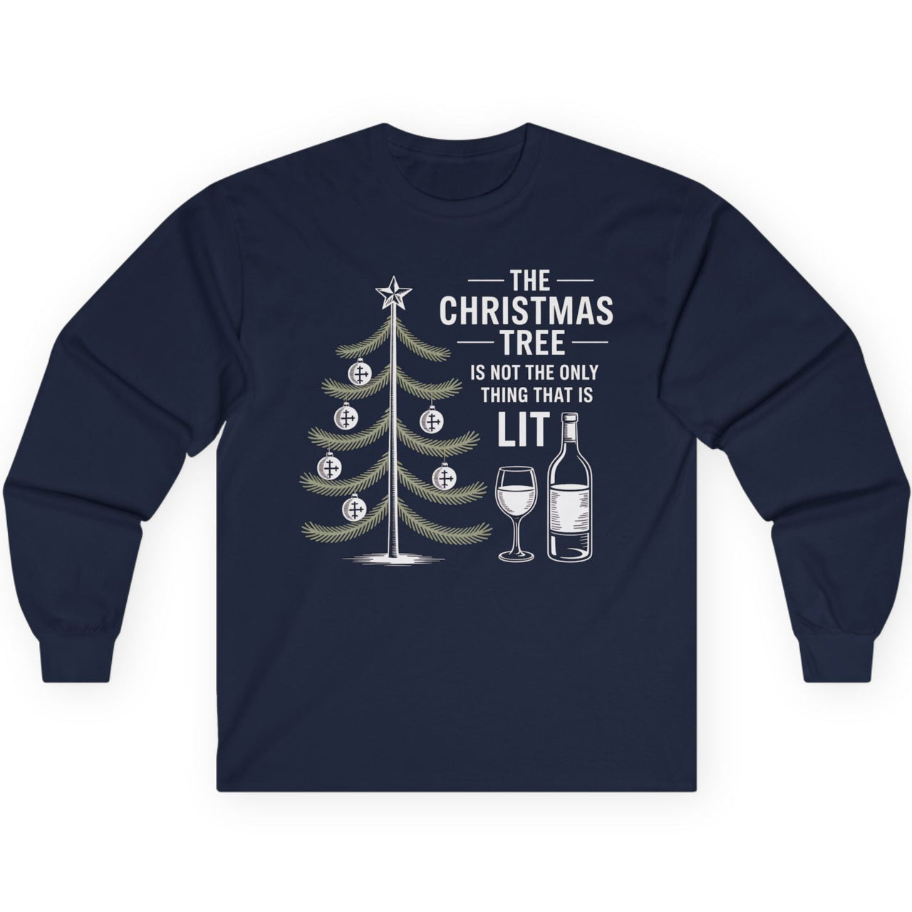 Navy blue long-sleeve shirt with Christmas tree and wine graphic on a white background