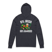 Navy hoodie with '0% Irish 100% Hammered' text and graphics on a white background