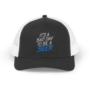  a black and white trucker hat with teh phrase its a bad day to be a beer funny spring break, guys trip, girls trip, beach trip, lake season design