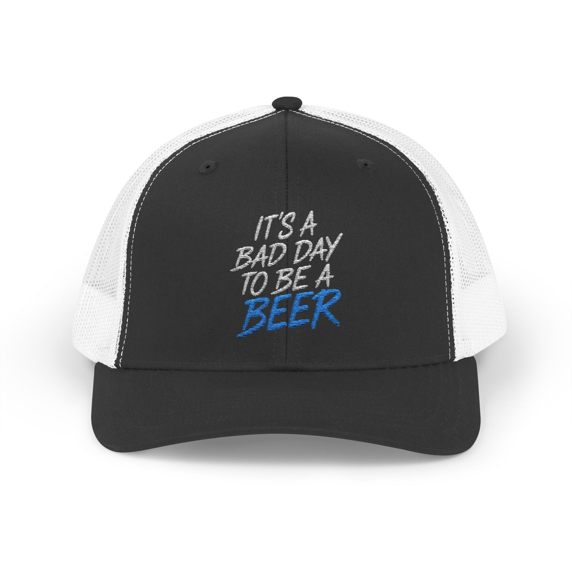  a black and white trucker hat with teh phrase its a bad day to be a beer funny spring break, guys trip, girls trip, beach trip, lake season design
