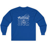 Blue long-sleeve shirt with 'Mistletoe Hoe' text funny christmas tee