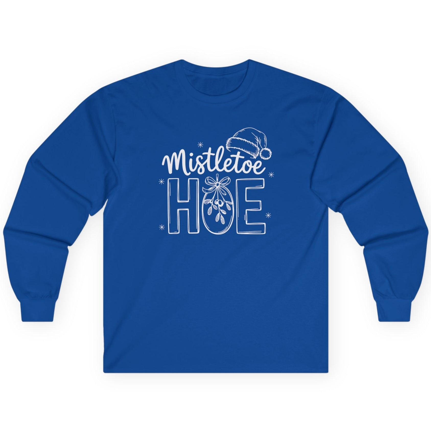 Blue long-sleeve shirt with 'Mistletoe Hoe' text funny christmas tee