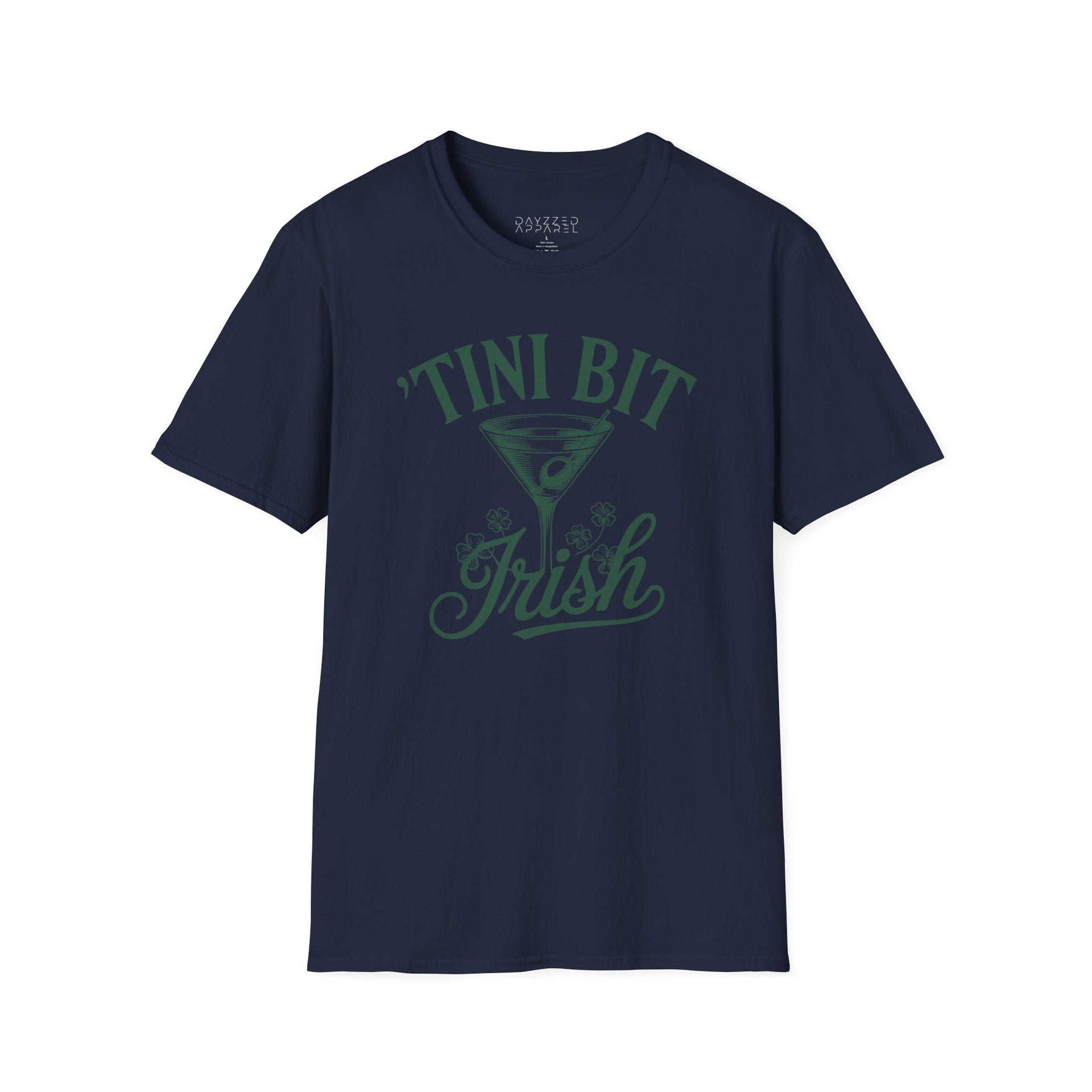 navy t-shirt with 'Tini Bit Irish' graphic design funny st patricks day design