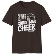 Brown t-shirt with white text 'Fueled by Beer and Christmas Cheer, ' funny christmas sweater