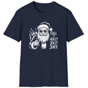 Navy blue t-shirt with a graphic of Santa Claus holding a bottle and text 'Full of Holly Jolly Juice'  funny christmas sweater