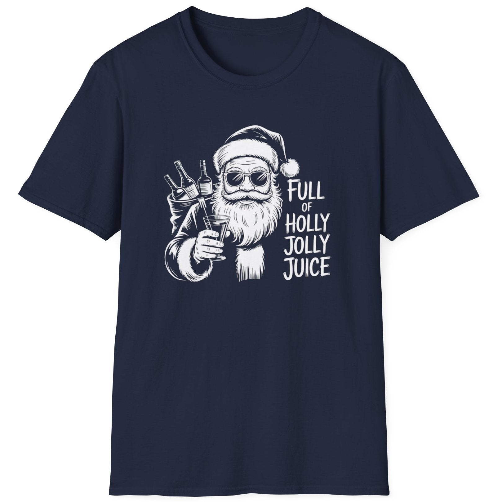 Navy blue t-shirt with a graphic of Santa Claus holding a bottle and text 'Full of Holly Jolly Juice'  funny christmas sweater
