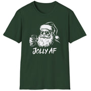 Funny Christmas Humor Short Sleeve Shirt with Santa drinking whiskey and the text "Jolly AF" - Forest Green