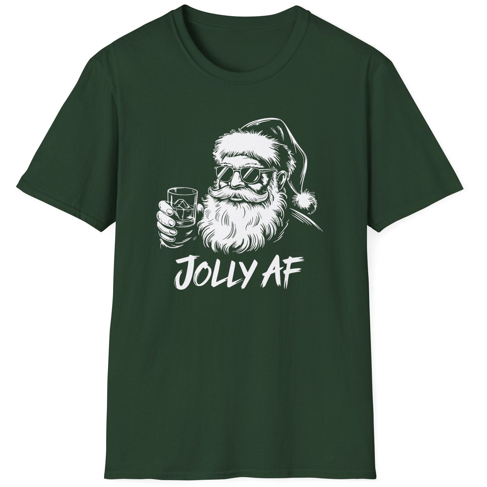 Funny Christmas Humor Short Sleeve Shirt with Santa drinking whiskey and the text "Jolly AF" - Forest Green