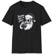 Funny Christmas Humor Short Sleeve Shirt with Santa drinking bourbon and the text "Bourbon Makes Me Jolly" -  Black