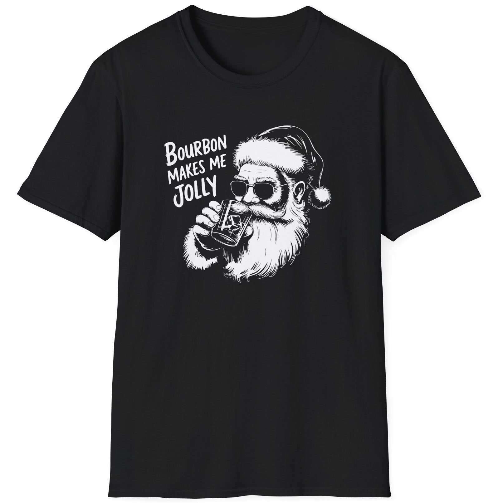Funny Christmas Humor Short Sleeve Shirt with Santa drinking bourbon and the text "Bourbon Makes Me Jolly" -  Black