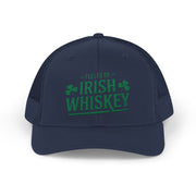 a navy curved trucker hat with the phrase 'Fueled by Irish Whiskey' funny St Patricks Day Pub crawl and parade design