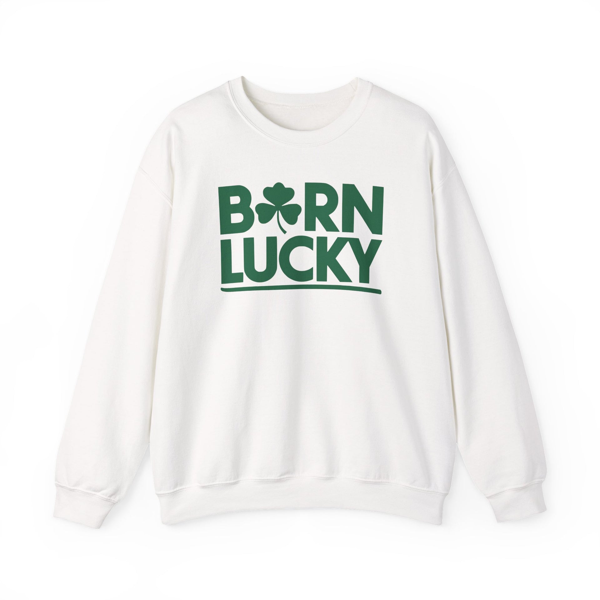 white sweatshirt with 'Born Lucky' text and green clover funny st patricks design