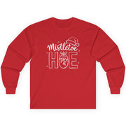 Red long-sleeve shirt with 'Mistletoe Hoe' text funny christmas tee