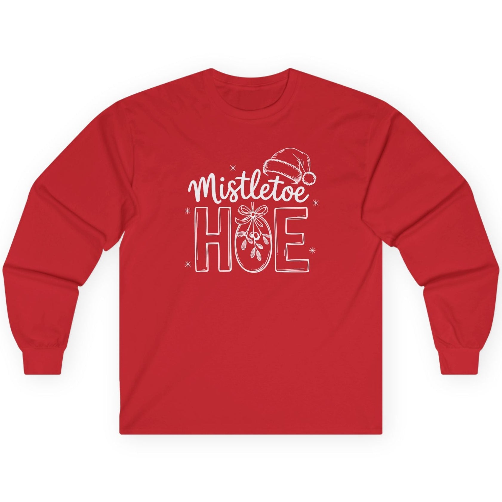 Red long-sleeve shirt with 'Mistletoe Hoe' text funny christmas tee