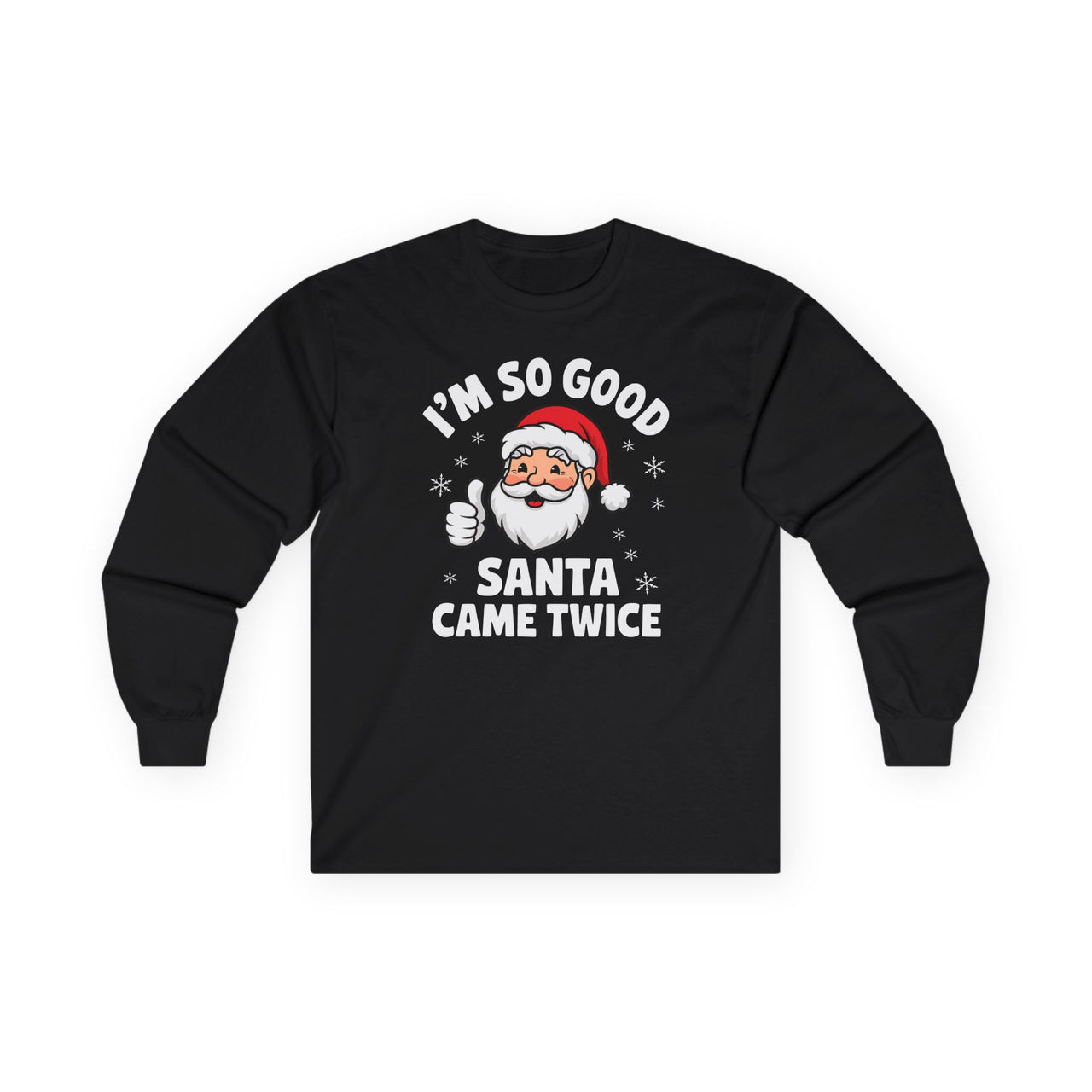 Black long-sleeve shirt with Santa Claus graphic and text on a white background