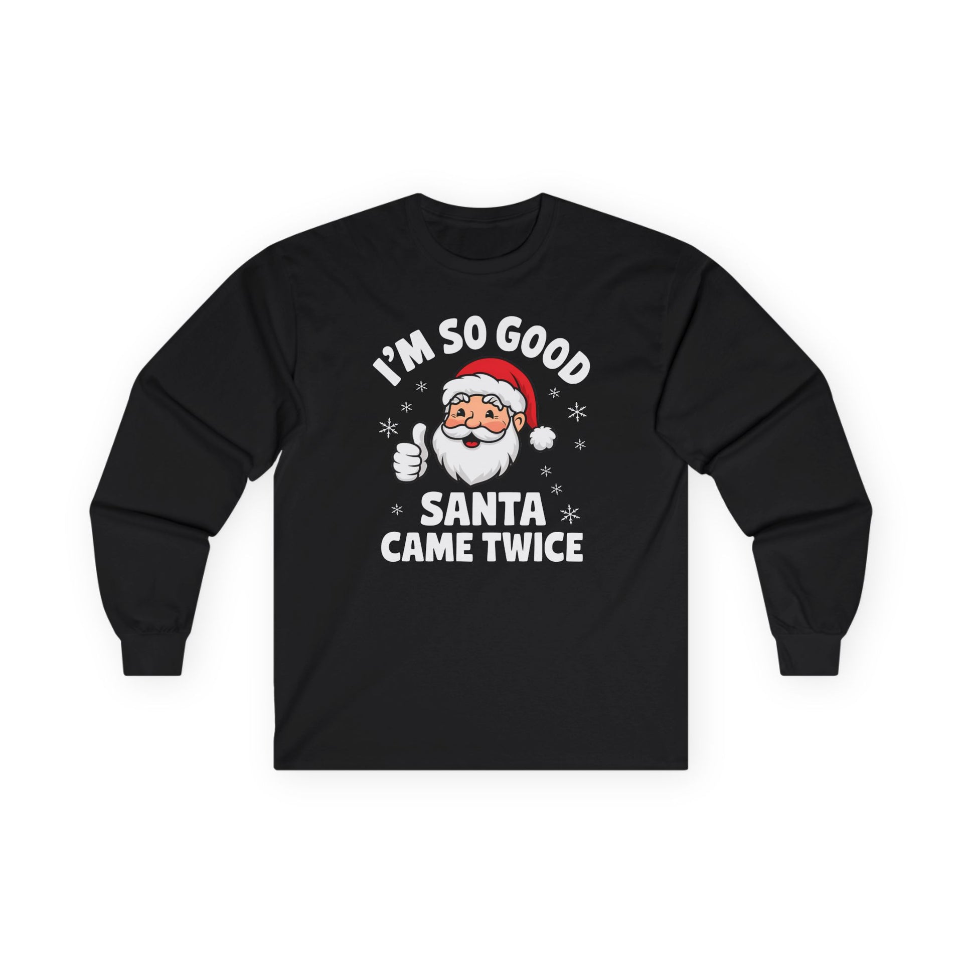 Black long-sleeve shirt with Santa Claus graphic and text on a white background