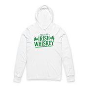 White hoodie with 'Fueled by Irish Whiskey' text and shamrock design on a white background