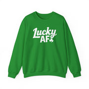 green sweatshirt with the phrase 'Lucky AF' funny st patricks day design