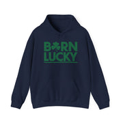 navy hoodie with 'Born Lucky' text funny st patricks day design