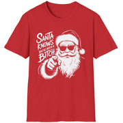 Funny Christmas Humor Short Sleeve Shirt with Santa pointing and the text "Santa Knows You've Been a Bitch" - Red