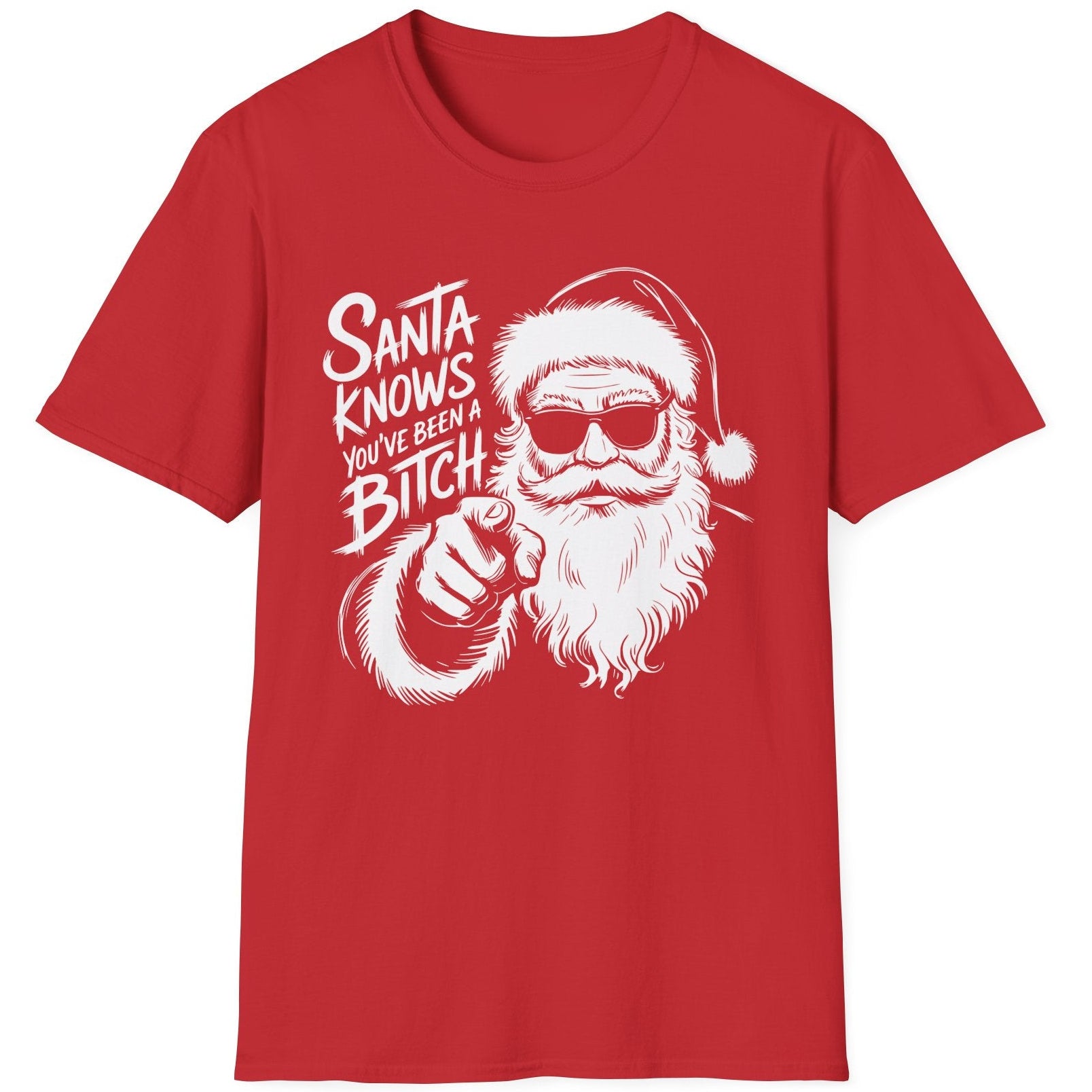 Funny Christmas Humor Short Sleeve Shirt with Santa pointing and the text "Santa Knows You've Been a Bitch" - Red