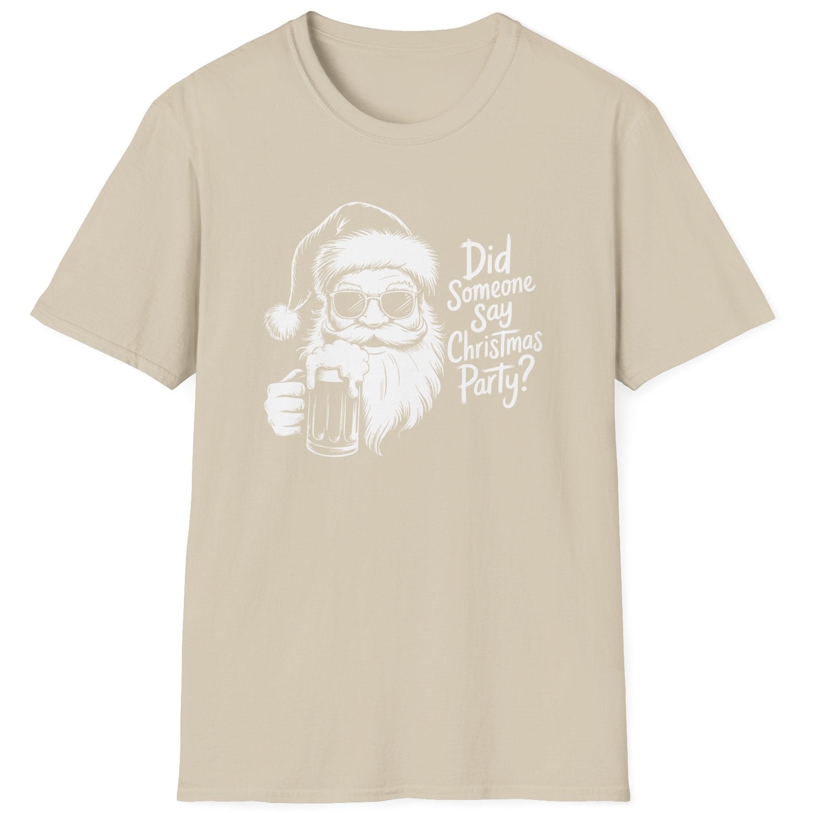 Funny Christmas Drinking Humor Short Sleeve Shirt with a Santa drinking a mug of Beer and the text "Did Someone Say Christmas Party" - Sand