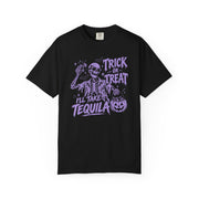 A black short-sleeve crewneck t-shirt featuring a purple graphic of a skeleton holding a tequila bottle and glass, with the text 'TRICK OR TREAT I'LL TAKE TEQUILA' and a jack-o'-lantern, displayed on a clean white background.