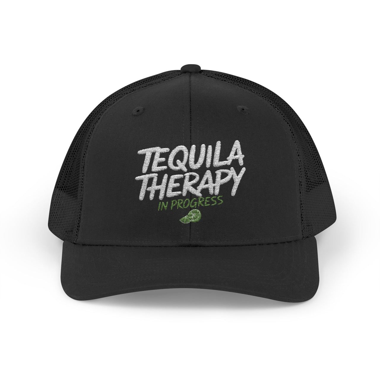 a black curved bill trucker hat with the phrase 'Tequila Therapy in Progress'  funny Spring Break, Girls Trip, Guys Trip, Beach Trip, SummerVacation bachelor or Bachelorette hat
