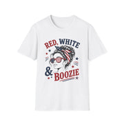 Red White & Boozie summer party tee with patriotic woman illustration