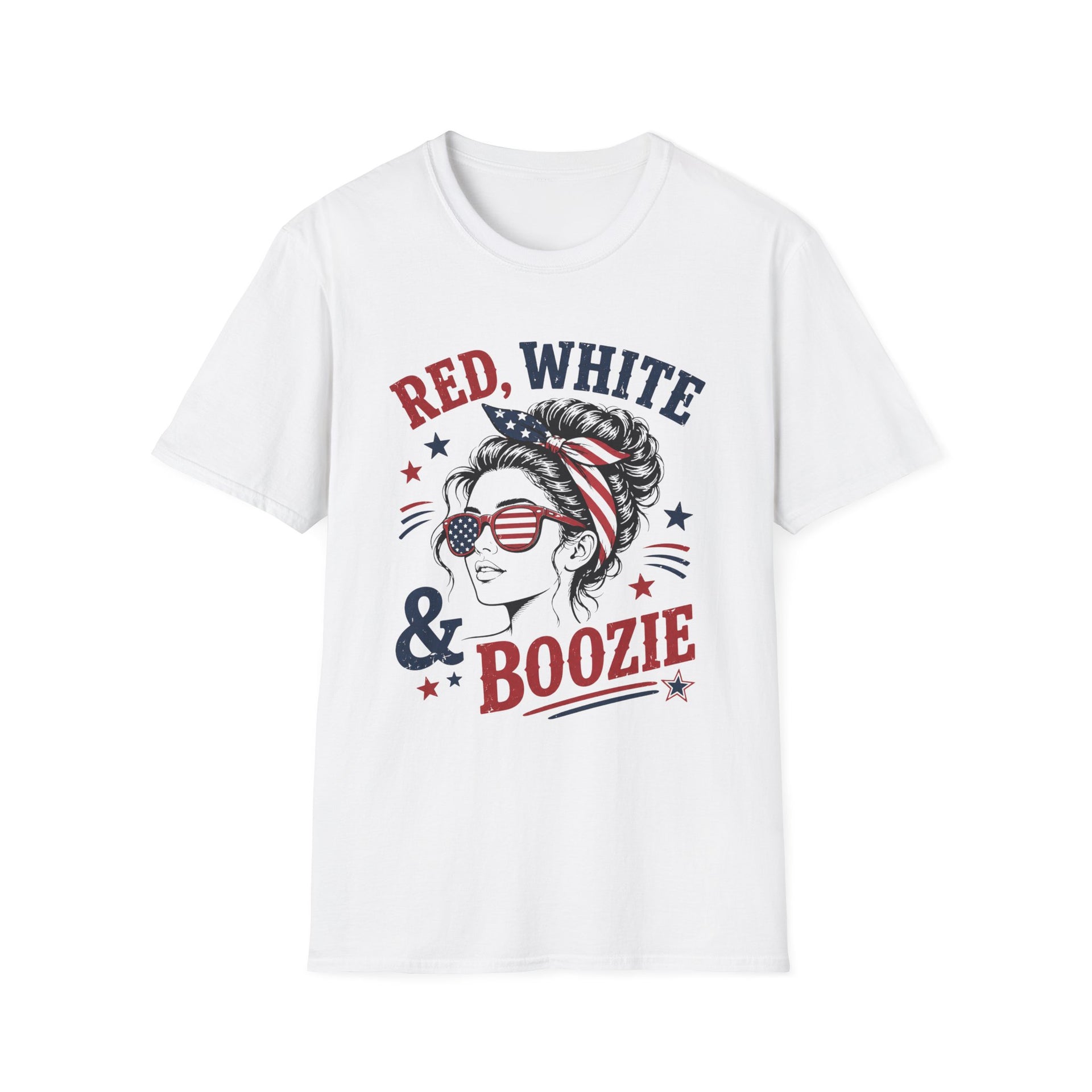 Red White & Boozie summer party tee with patriotic woman illustration