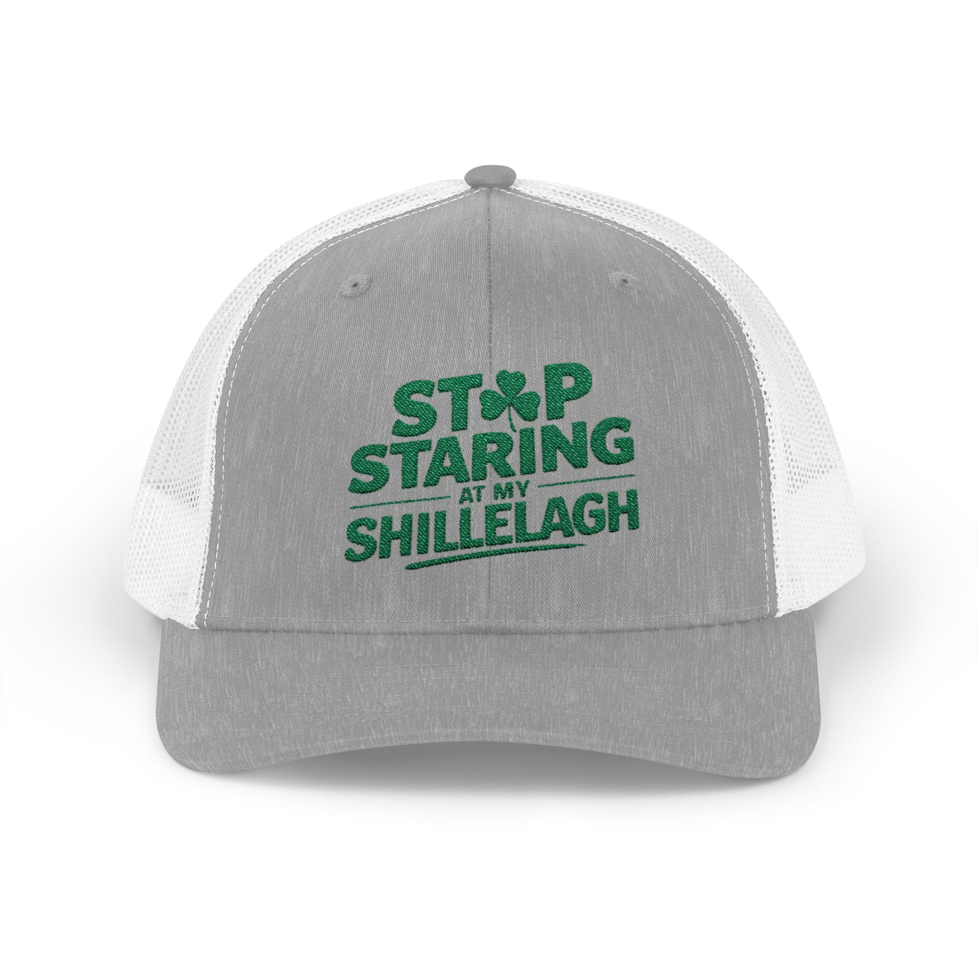 a gray and white curved trucker hat with the phrase "Stop Staring at my Shillelagh" funny St Patricks Day pub crawl or parade design