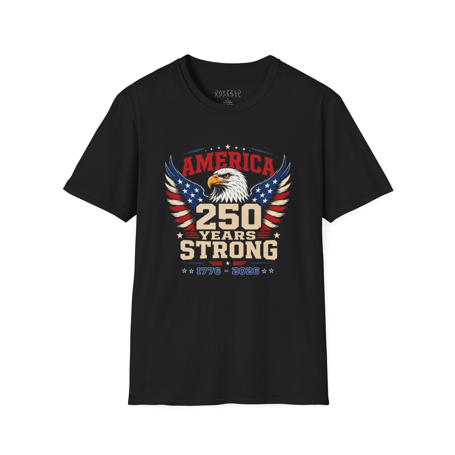 A black T-shirt with an eagle graphic and '250 Years Strong' text, patriotic 4th of July, America 250 design