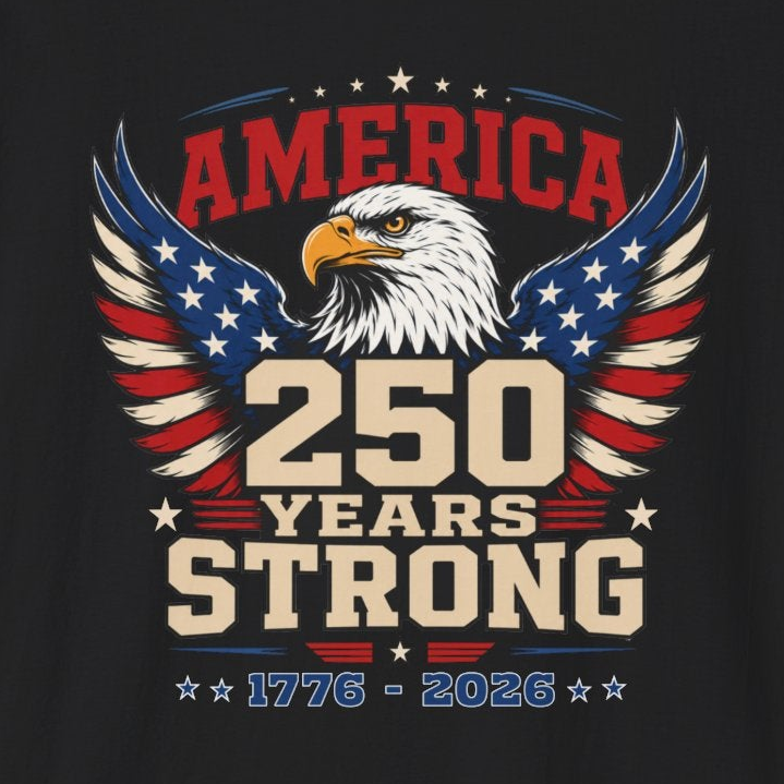 A black T-shirt with an eagle graphic and '250 Years Strong' text, patriotic 4th of July, America 250 design