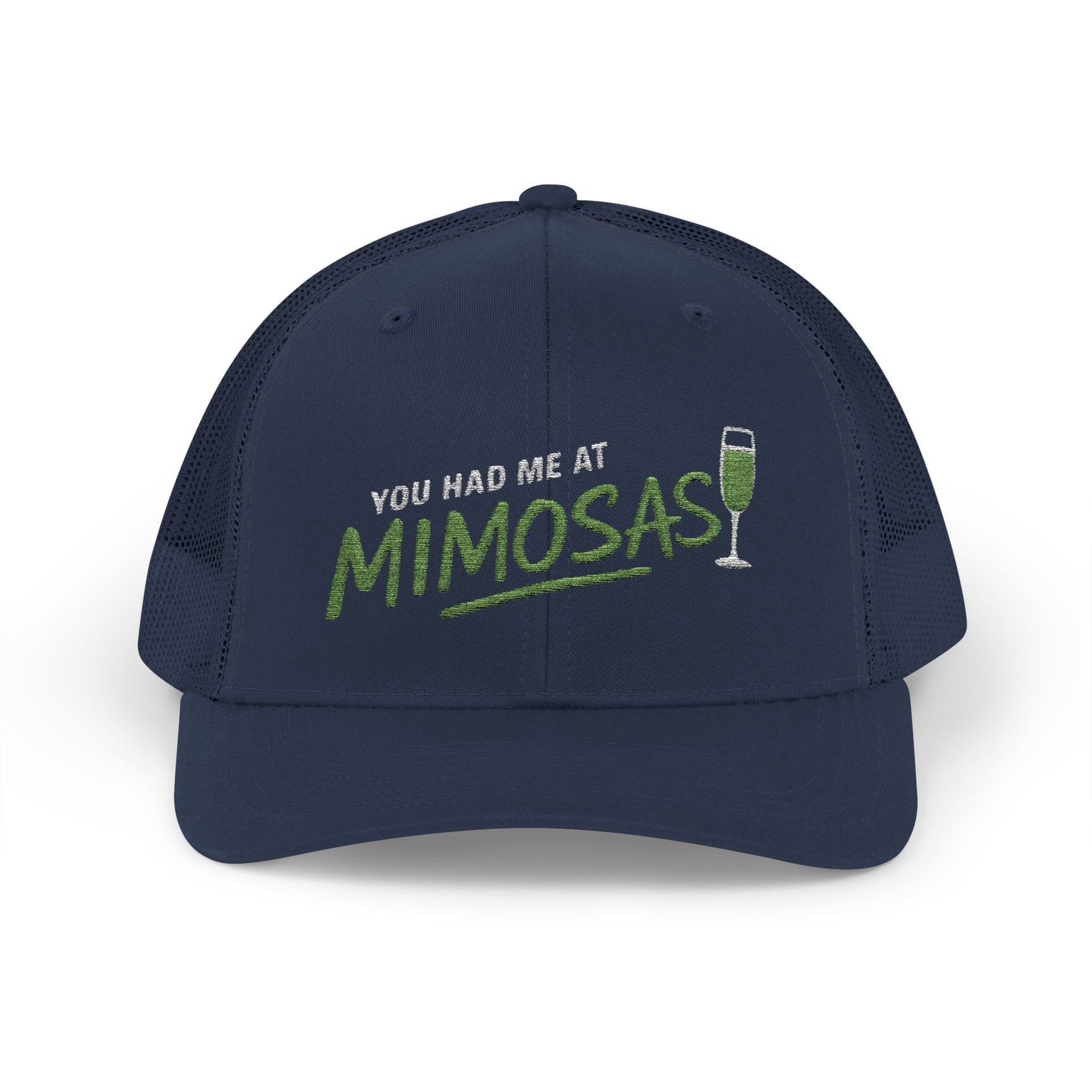 a navy curved bill trucker hat with the phrase'You Had Me at Mimosas' text funny Spring break, girls trip, guys trip, beach trip, summer vacation, lake season design