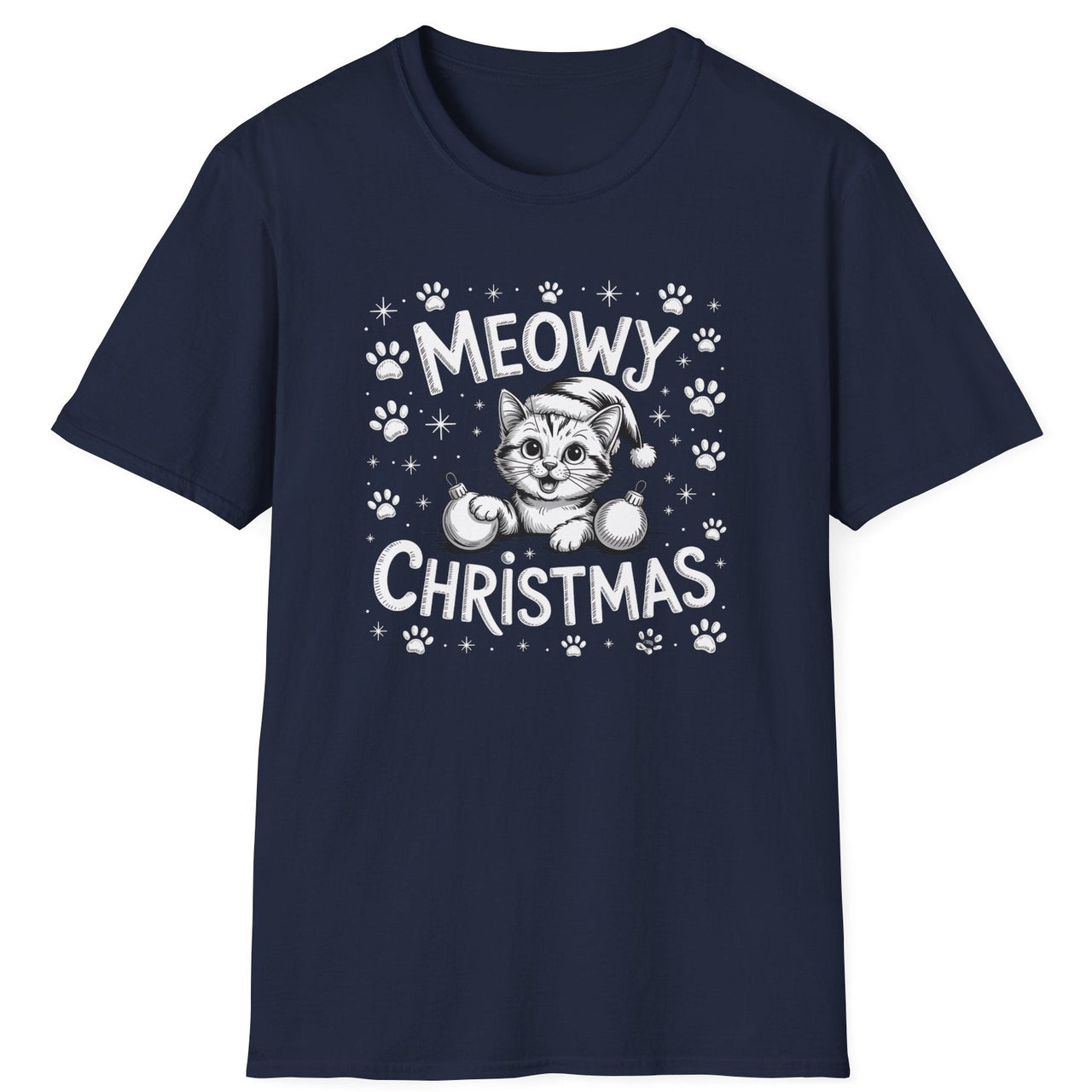 Cute Christmas Cat Short Sleeve Shirt with a kitten playing with ornaments and the text "Meowy Christmas" - Navy Blue