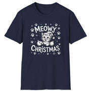 Cute Christmas Cat Short Sleeve Shirt with a kitten playing with ornaments and the text "Meowy Christmas" - Navy Blue