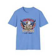 A light blue T-shirt with an eagle graphic and '250 Years Strong' text, patriotic 4th of July, America 250 design
