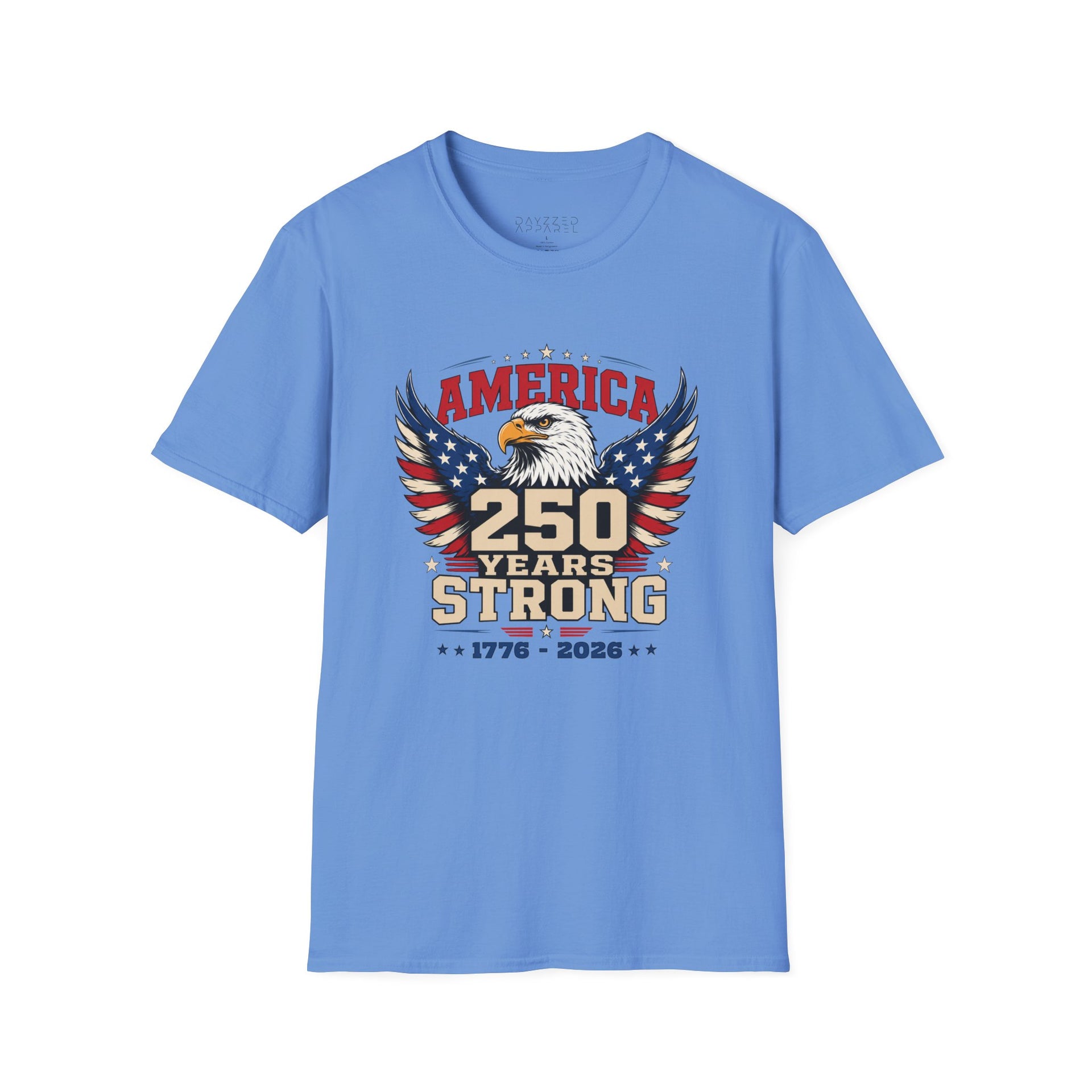 A light blue T-shirt with an eagle graphic and '250 Years Strong' text, patriotic 4th of July, America 250 design