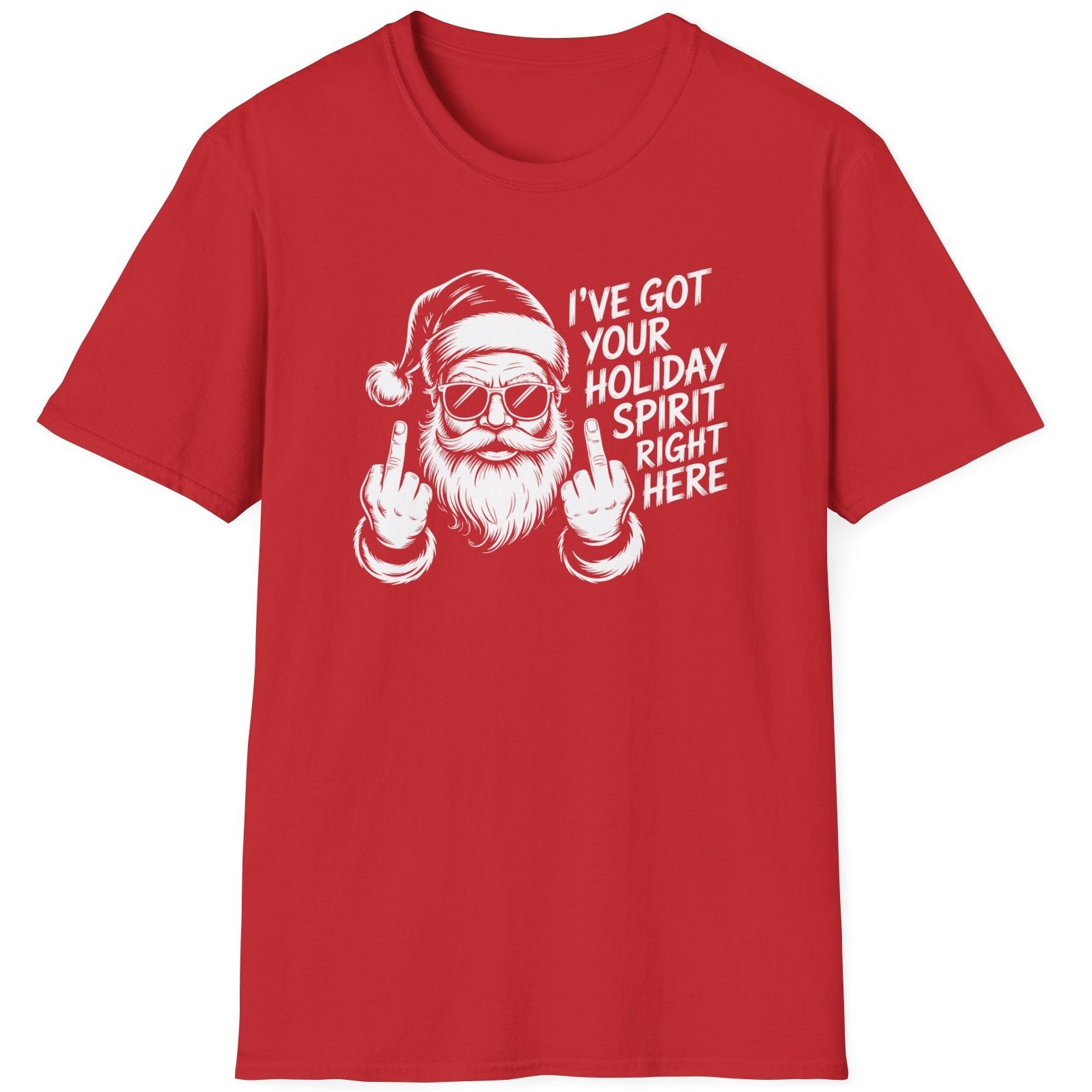 Red t-shirt with a graphic of Santa Claus and the text i've got your holiday spirit right here funny christmas sweater