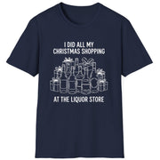 Funny Christmas Drinking Short Sleeve Shirt with liquor bottles and wrapped packages and the text "I did all my Christmas Shopping at the Liquor Store" - Navy Blue