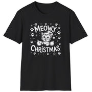 Cute Christmas Cat Short Sleeve Shirt with a kitten playing with ornaments and the text "Meowy Christmas" - Black