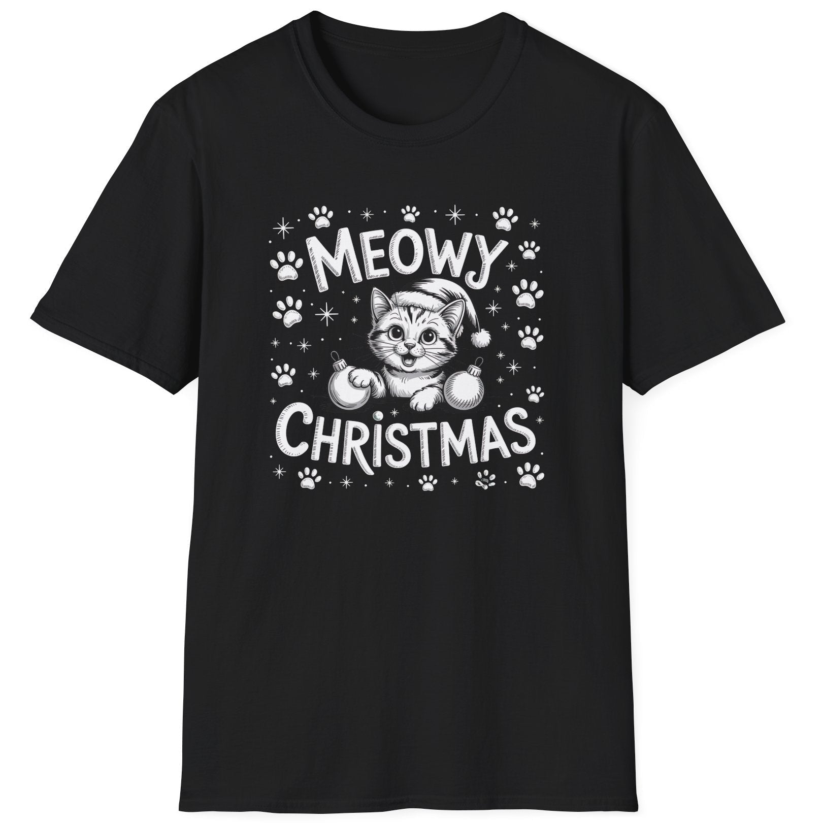 Cute Christmas Cat Short Sleeve Shirt with a kitten playing with ornaments and the text "Meowy Christmas" - Black