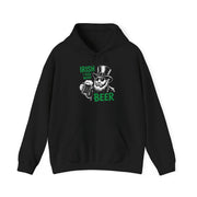 a black hoodie with 'Irish I Had More Beer' text and a leprechaun graphic funny St Patricks Day pub crawl and parade design