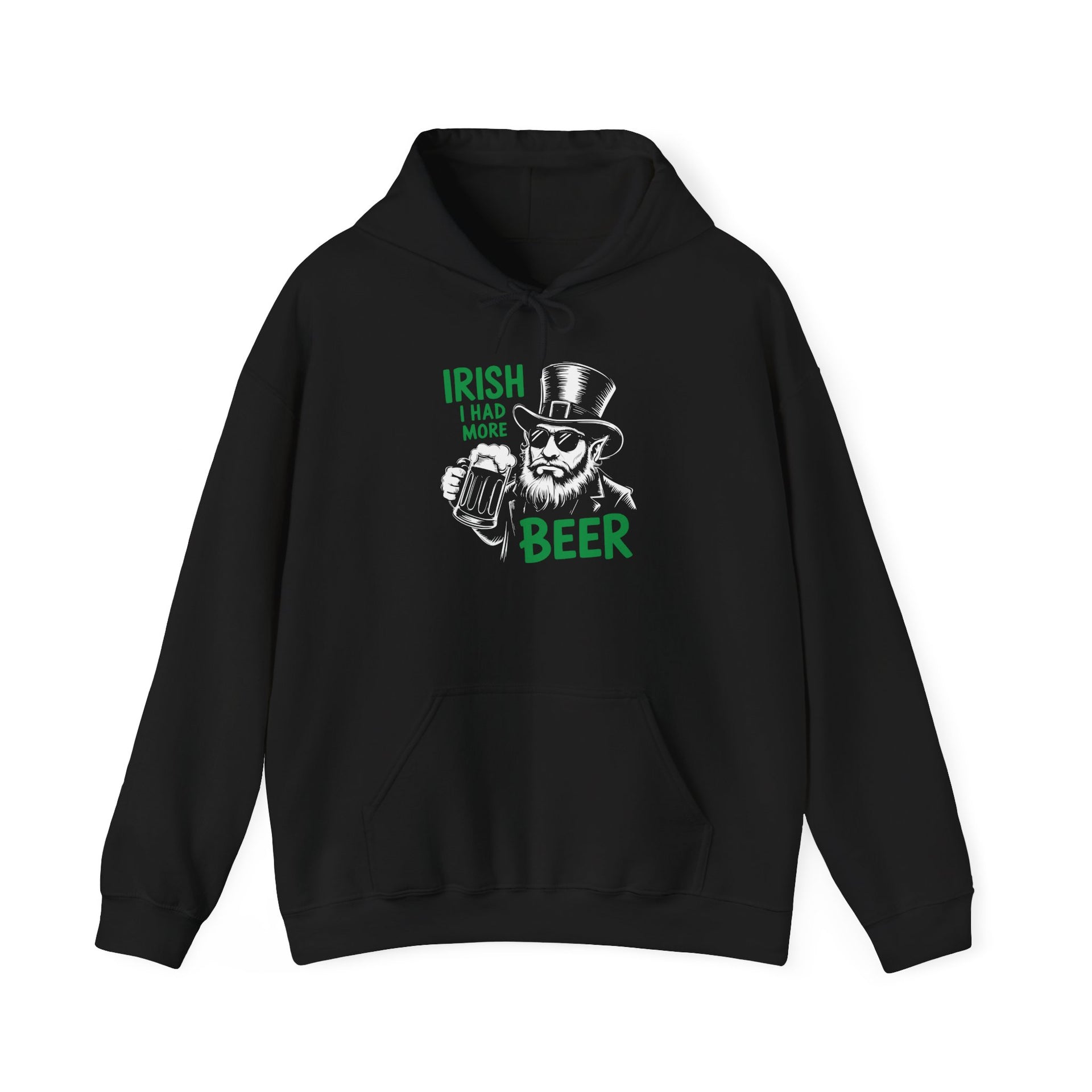 a black hoodie with 'Irish I Had More Beer' text and a leprechaun graphic funny St Patricks Day pub crawl and parade design