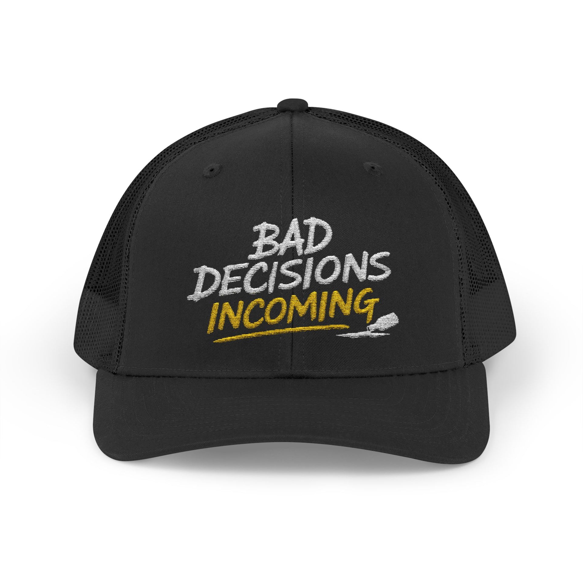 Woman wearing a black curved trucker hat with embroidered text 'Bad Decisions Incoming'  funny Spring Break, Girls rips, Guys Trips, Beach Trips, Bachelor or Bachelorette design