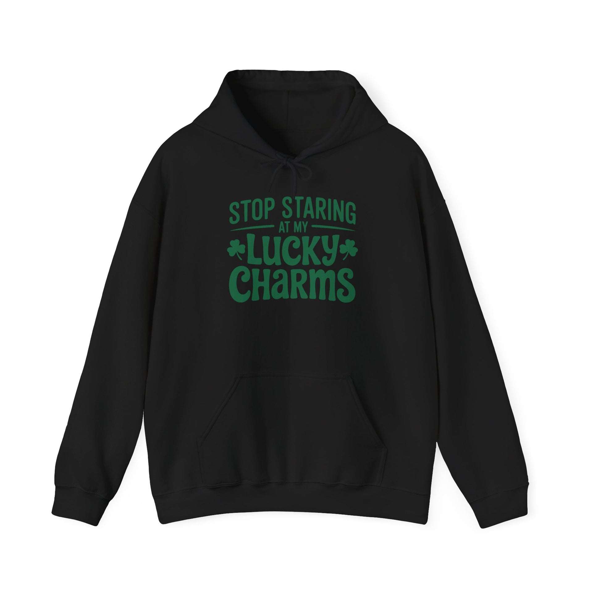 black hoodie with the phrase stop staring at my lucky charms funny st patricks day design