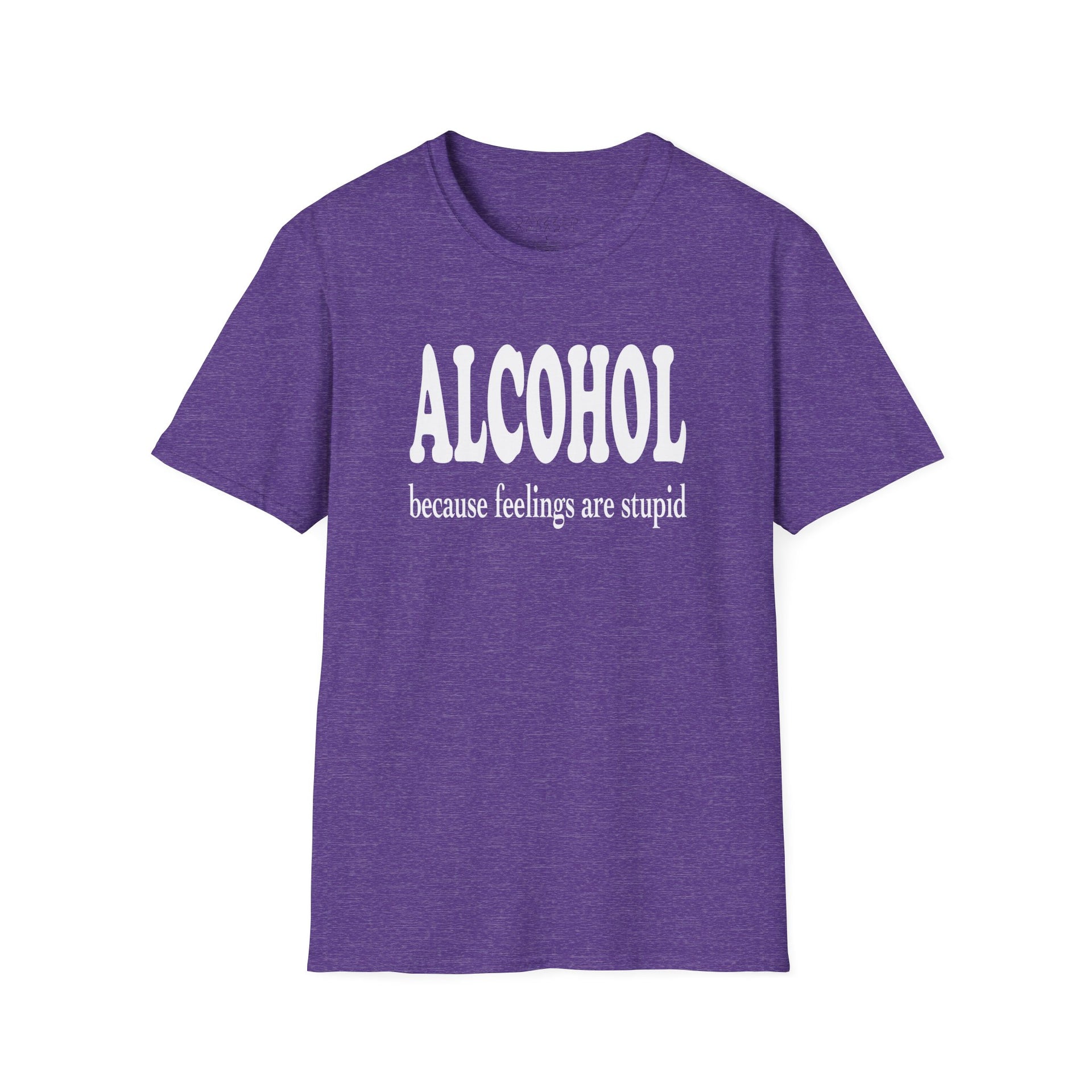 a purple t-shirt with 'ALCOHOL because feelings are stupid' text funny day drinking, spring break, guys trips, girls trips, beach trips, summer vacation, lake days design