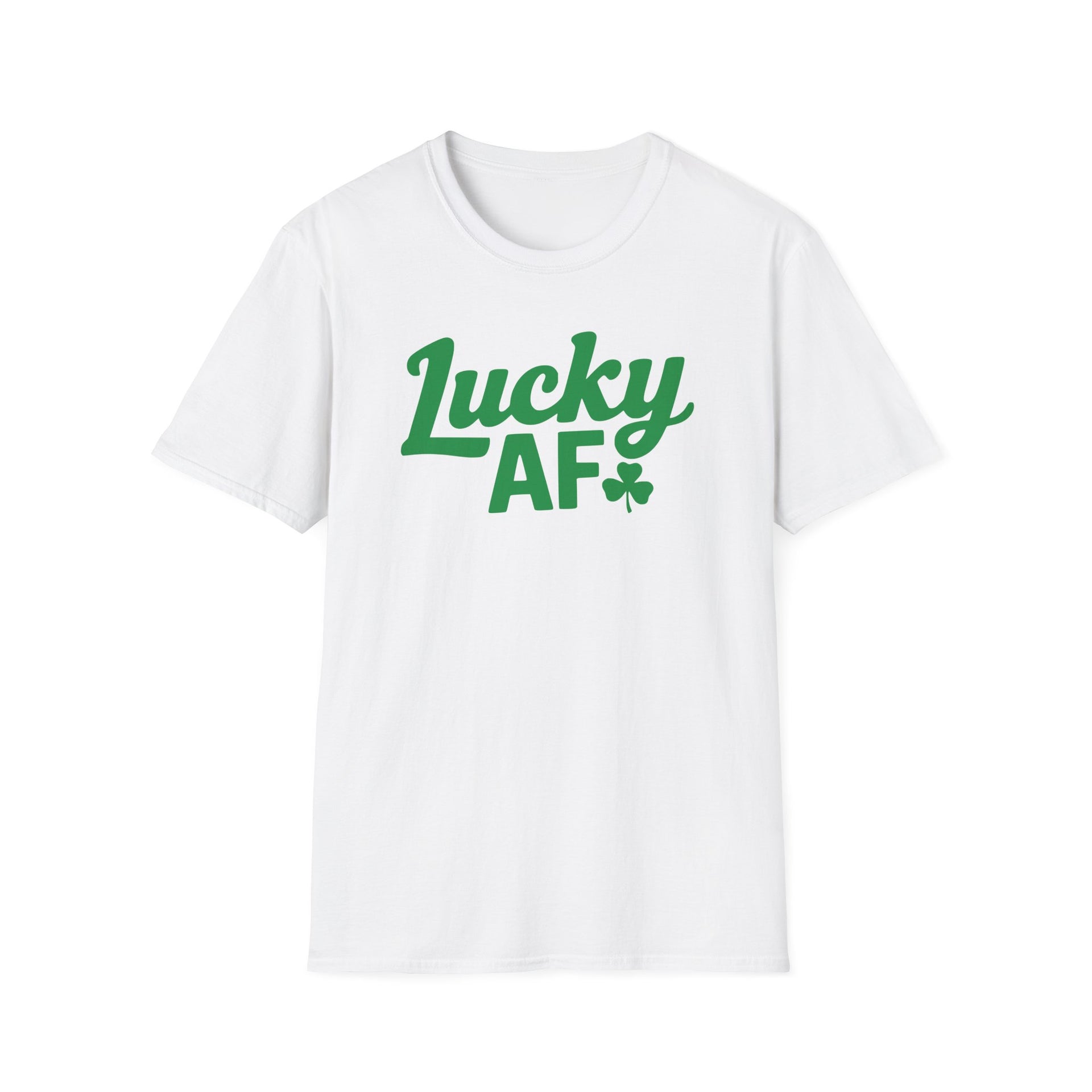 White t-shirt with the phrase 'Lucky AF' funny st patricks day design