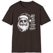 Funny Christmas Drinking  Short Sleeve Shirt with Santa drinking a cocktail and the text " Ho Ho Ho Stop Staring at my Package" - Dark Chocolate