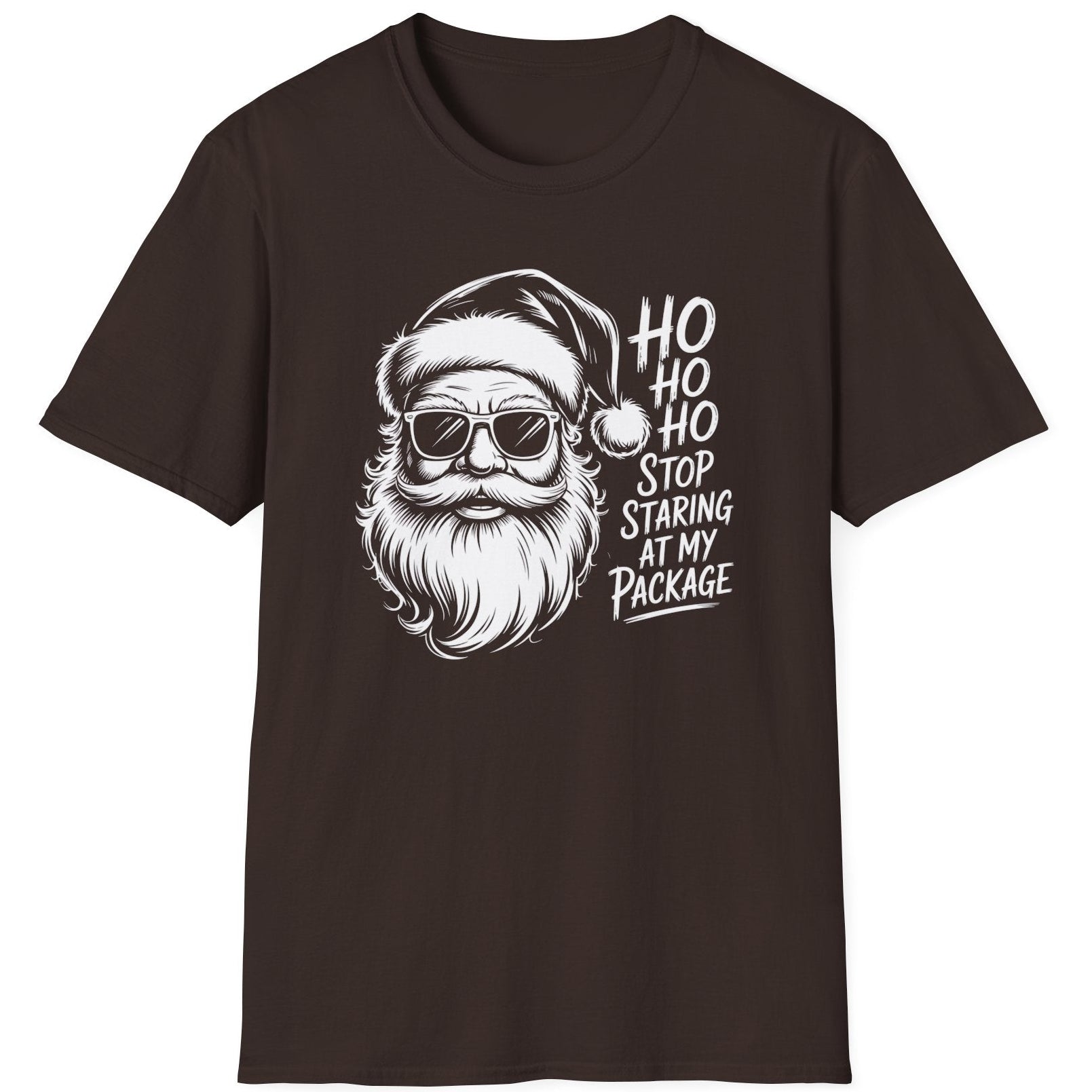 Funny Christmas Drinking  Short Sleeve Shirt with Santa drinking a cocktail and the text " Ho Ho Ho Stop Staring at my Package" - Dark Chocolate